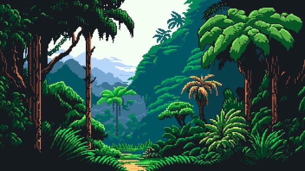 Regen jungle boslandschap Ai gegenereerde 8bit pixel art game achtergrond 2d pixelated adventure level regenwoud scene Gaming locatie met weelderig tropisch groen en wilde planten in vintage stijl