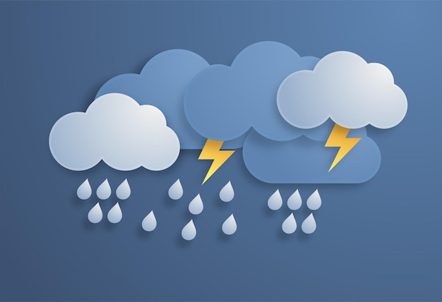 Regen Wolken en bliksemschicht Papier gesneden weer Stormtijd Regendruppels en onweer