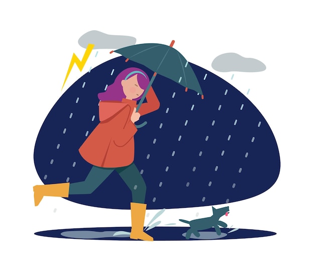 Regenachtig wandelen met hond. Meisje met paraplu bij stormweer, herfstseizoen. Huisdier houder lopen tijd vectorillustratie. Meisje en hond onder paraplu in de regenachtige herfst