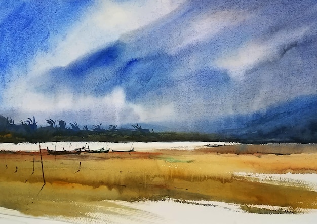 Regenachtig weer op de zee strand aquarel kunst