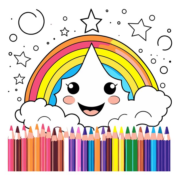 Regenboog en kleurpotloden leuke cartoon vector illustratie