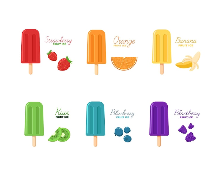 Vector regenboog gekleurde fruit ijs pops set. diverse bessenroomijs op een stokje.