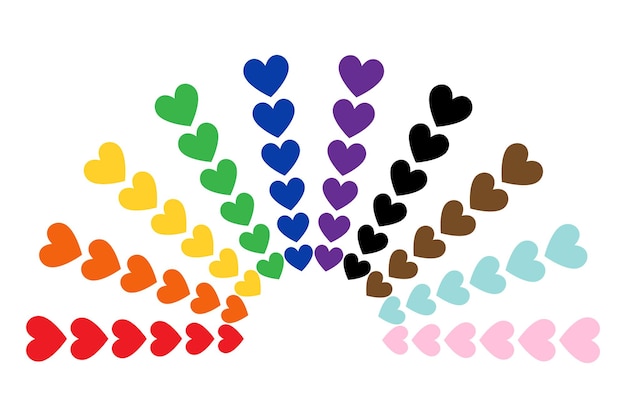 Vector regenboog gemaakt van harten. lgbt-vlag, witte effen achtergrond. halve cirkel. vector illustratie.