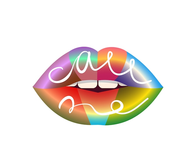 Regenboog glanzende lippen met bel me teken