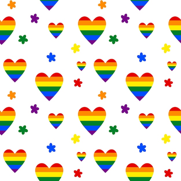 Regenboog lgbt-harten en kleurrijke bloemen in een naadloos patroon