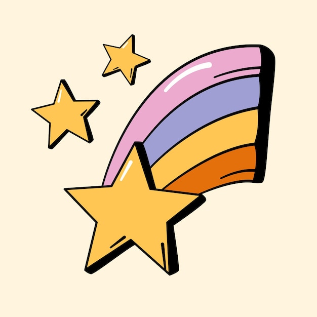 Regenboog met sterren 60s 70s retro-stijl ontwerpelementen Hand getrokken doodle kleur vectorillustratie