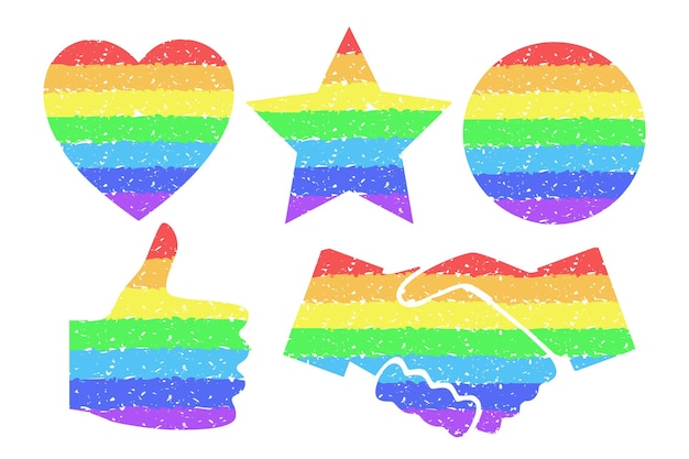 Regenboog ontwerpelementen. kleurrijke cirkel, hart, ster, duimen omhoog, handen schudden. gay homoseksuele symbolen tolerantie concept. grafisch element voor documenten, sjablonen, posters. vector illustratie