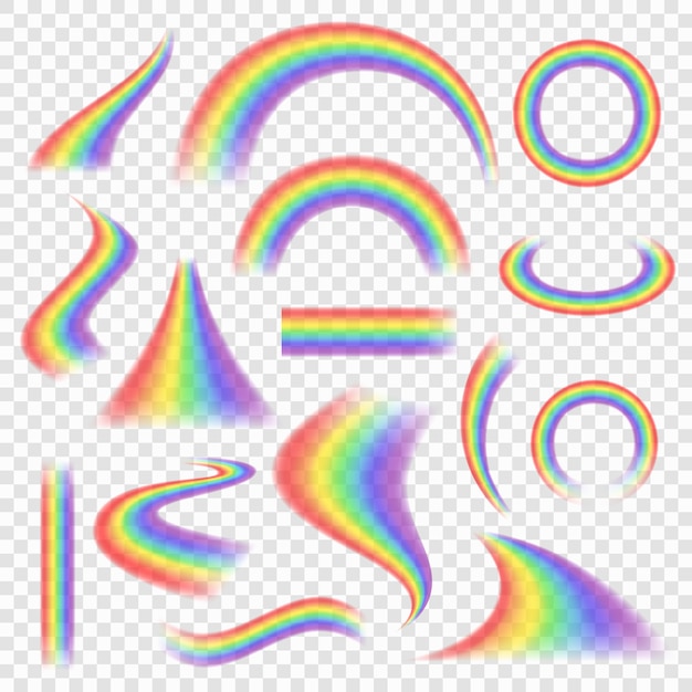Regenboog set. Gekleurde weerobjecten spectrum boog regenboog vector realistische afbeeldingen. Regenboog transparant, illustratie van set van spectrum natuurlijke decoratie