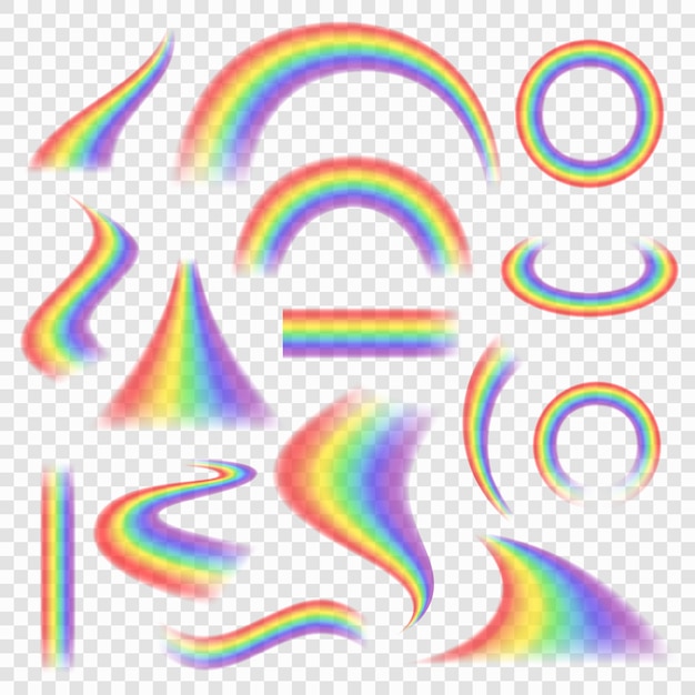 Regenboog set. gekleurde weerobjecten spectrum boog regenboog vector realistische afbeeldingen. regenboog transparant, illustratie van set van spectrum natuurlijke decoratie