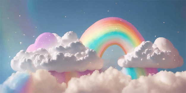 Vector regenboog witte pluizige wolken hemel met sterren sprookje roze blauwe hemel zoete dromerige cartoon pastel