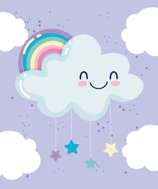 Vector regenboog wolk opknoping sterren nacht droom cartoon decoratie vectorillustratie