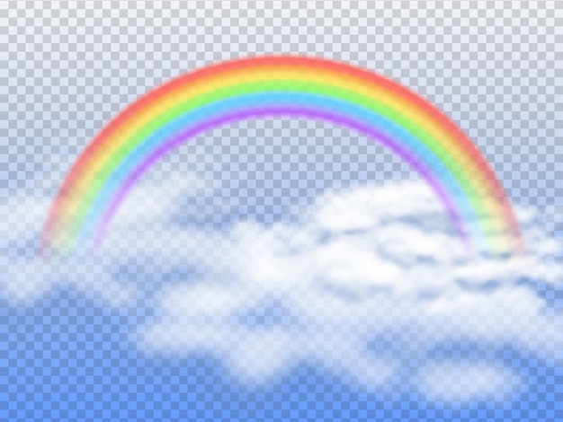 Regenboogboog met witte wolken in blauwe 3d hemel