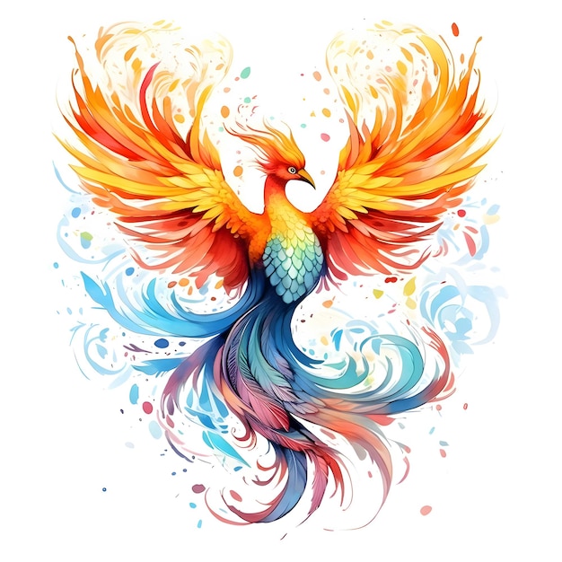 Regenbooggekleurd vuur Phoenix op een witte geïsoleerde achtergrond