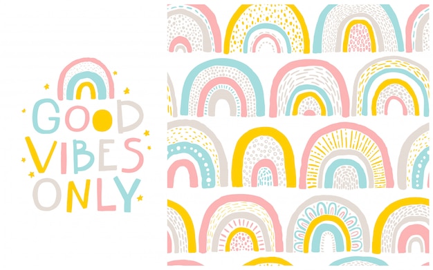 Regenboogpatroon en belettering zin. alleen good vibes. handgetekende cartoon illustratie in scandinavische stijl in een pastel palet. ideaal voor babykleding, textiel, verpakking