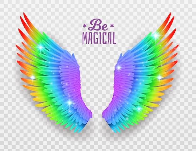 Regenboogvleugels Realistisch helder vrijheidssymbool symmetrische vormen trots kleur veren mooie magische veelkleurige vogelelementen Kaart of poster Vector 3d geïsoleerd concept