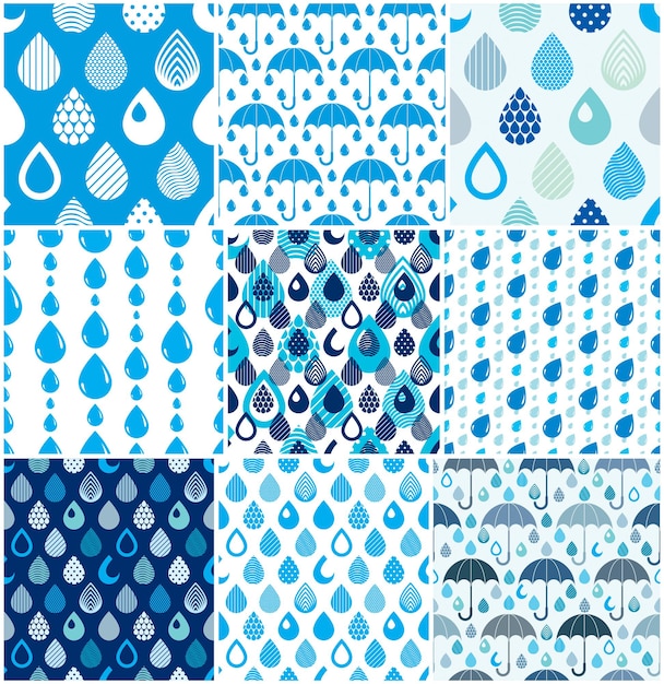 Regendruppels en paraplu's naadloze patronen set, vector blauw gekleurde herhaling eindeloze achtergronden collectie, weer thema. Druipende vallende trendy illustraties.