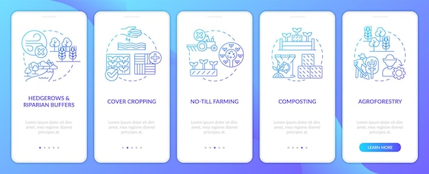 Regeneratieve landbouwtechnieken blauwe gradiënt onboarding mobiele app-scherm
