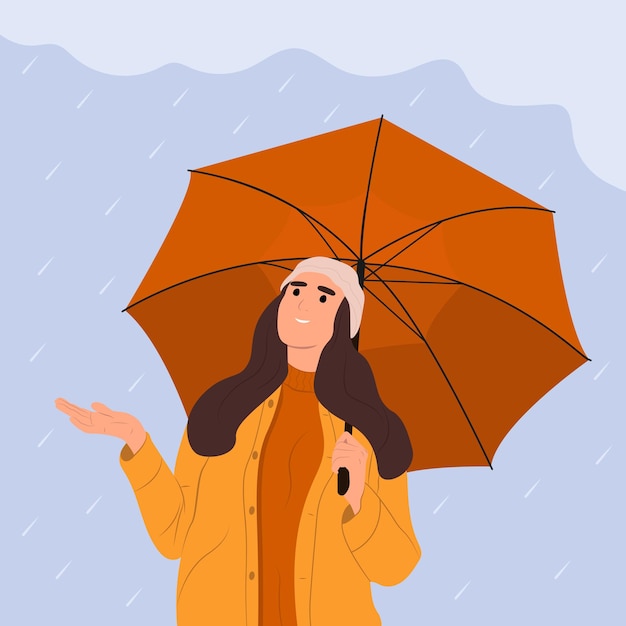 Regenseizoen met paraplu jong blij meisje regen vangen met handsflat vector illustratie