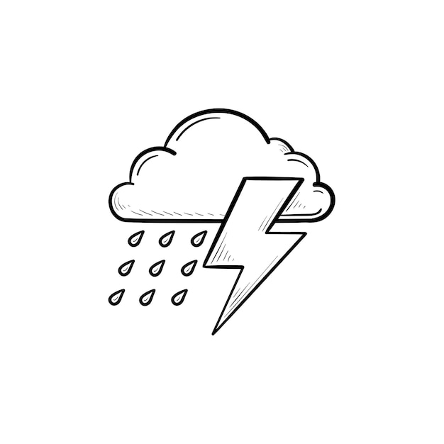 Regenwolk met bliksem hand getrokken schets doodle pictogram. Regenachtige dag, donder en storm, weerconcept