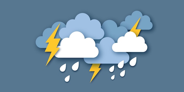 Regenwolken en bliksemschicht. papier gesneden weer. storm tijd. regendruppels en onweer. .