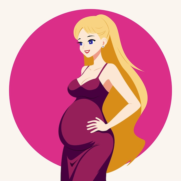 regerende blonde in jurk Mooie glimlachende zwangere vrouw Zwangerschap buik Moederschap Nieuwgeboren