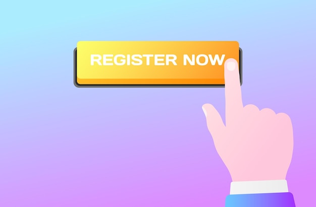 Register now button flat color hand on the button register now vector icon