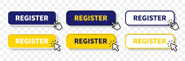 Register now buttons Registration web buttons set Vector buttons for registration in services blogs websites User interface web buttons in flat style for UI mobile app web