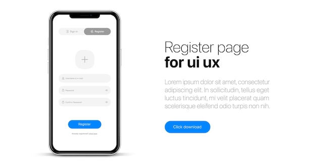 Registrati, registrati pagina interfaccia app mobile modulo di registrazione con schermata di login e password.