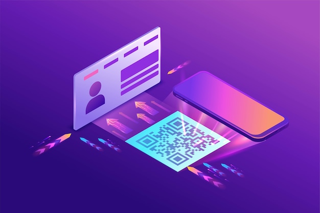 Vector register on the website by using qr code, user enters the web page working with interface, access to account, 3d isometric , purple gradient