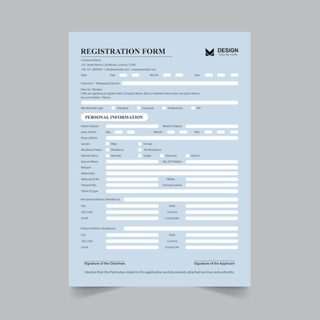 Vettore modello del modulo di registrazione