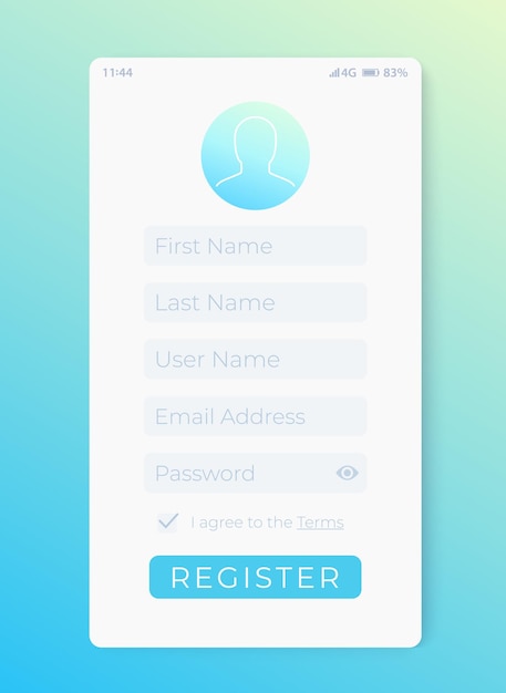 Registreer formulier, mobiele interface
