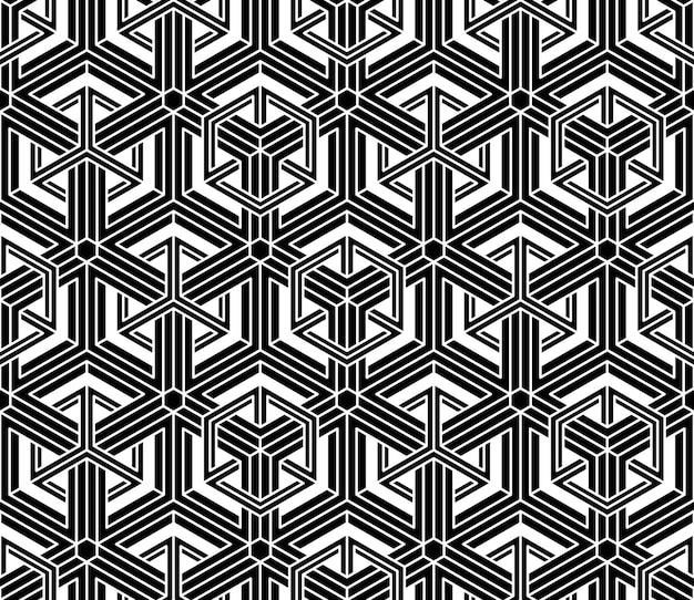 Regular contrast endless pattern with intertwine three-dimensional figures, continuous illusory geometric background.