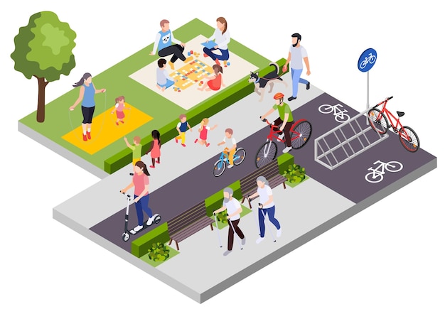 Vector regular sport physical activity people isometric composition with people relaxing and practicing on lawn and pavement vector illustration