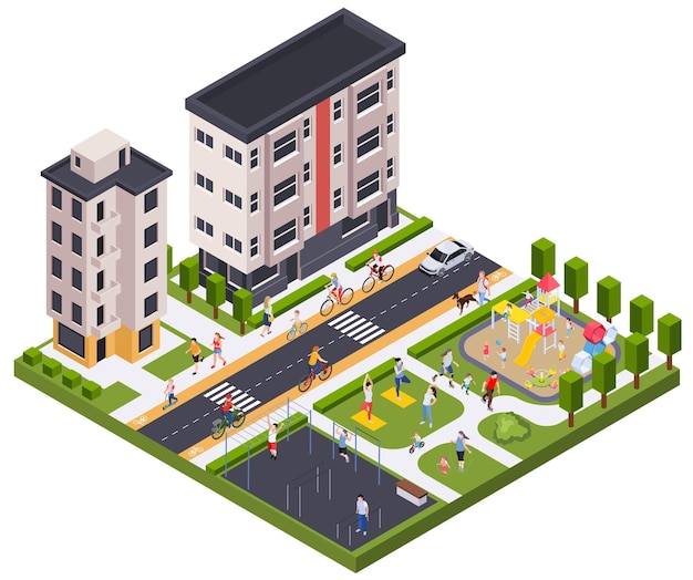 Vector regular sport physical activity people isometric composition with view of city district with houses athletic playgrounds vector illustration