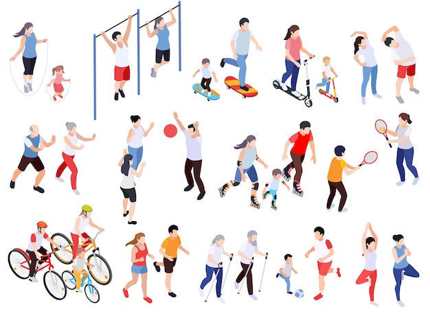 Vector regular sport physical activity people isometric set of isolated human characters with sports equipment and uniform vector illustration