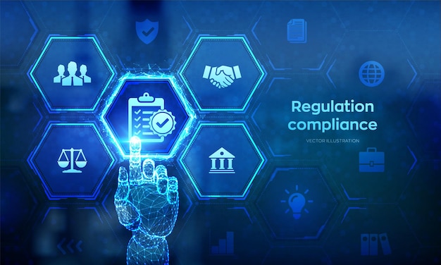 Regulation Compliance financial control internet technology concept on virtual screen Reg Tech Compliance rules Law regulation policy Wireframe hand touching digital interface Vector illustration