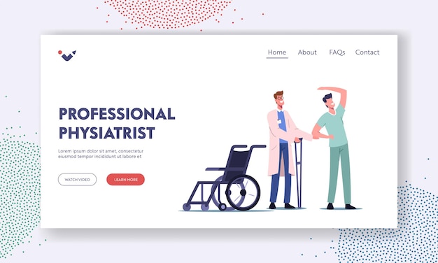 Rehabilitating activity, orthopedic therapy rehabilitation landing page template. therapist doctor character working with disabled patient, exercises, procedures. cartoon people vector illustration