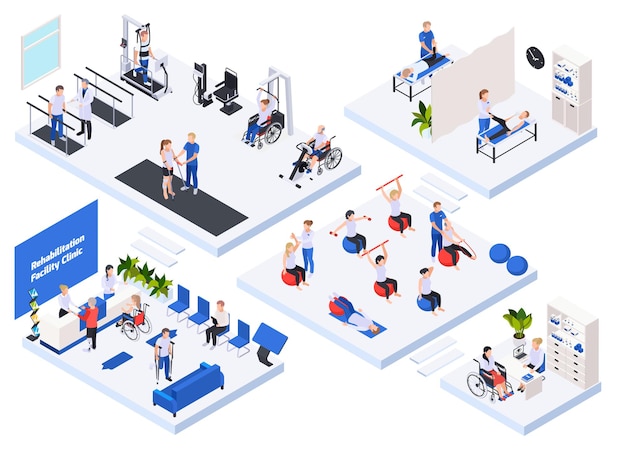 rehabilitation clinic isometric illustration set