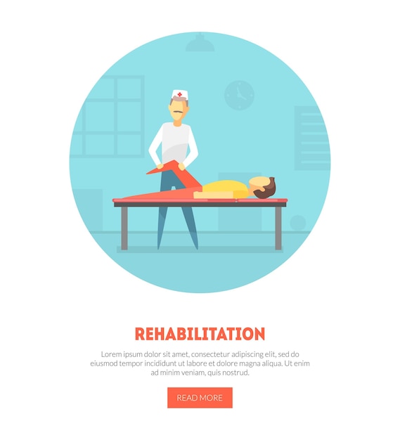 rehabilitation landing page physiotherapy physical medicine massage banner orthopedic exercises for people after injuries vector illustration web design