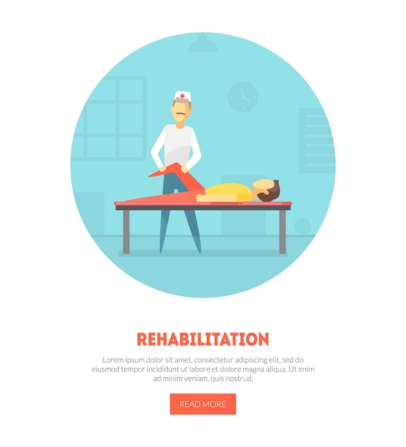 Vector rehabilitation landing page physiotherapy physical medicine massage banner orthopedic exercises for people after injuries vector illustration web design