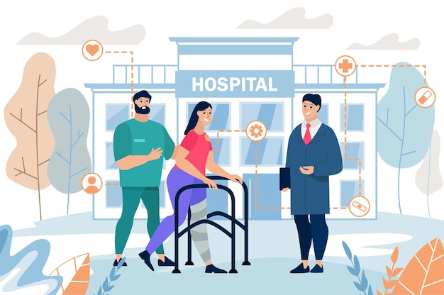 Vector rehabilitation medicine concept with people scene in the flat cartoon style doctor helps a woman