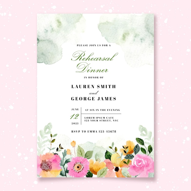 rehearsal dinner invitation with pink yellow floral watercolor