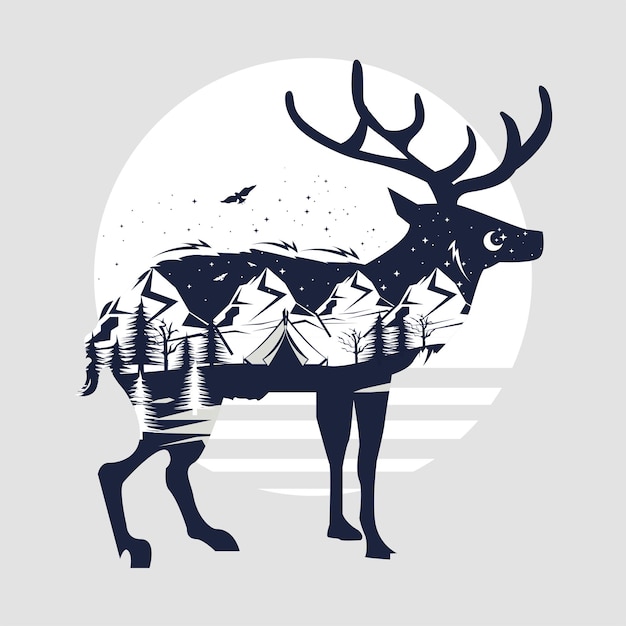 Vector reindeer animal double exposure