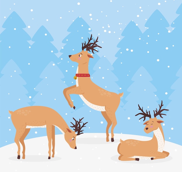 Vector reindeer animals in snowscape