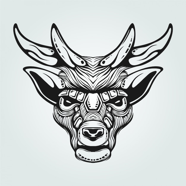 reindeer black and white line art with decorative face