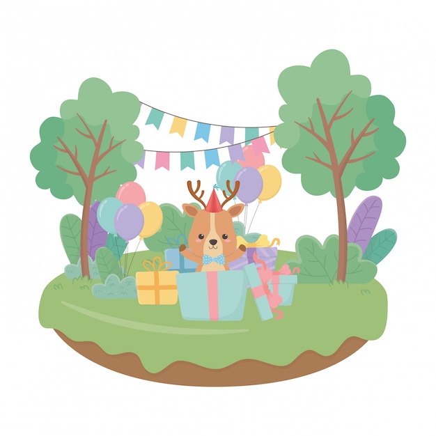 Reindeer cartoon with happy birthday icon 