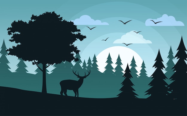 Vector reindeer in the pine forest