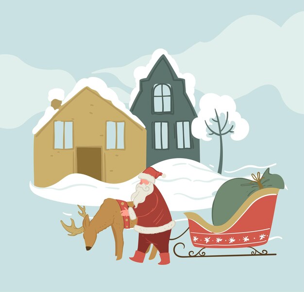 Reindeer and santa claus with sleigh xmas fun