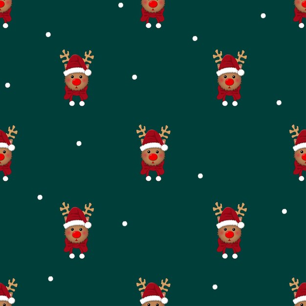 Reindeer Santa with Red Scarf and White Snow on Green Background. Vector Illustration.
