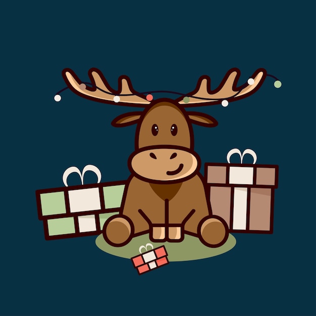 Reindeer sitting on an isolated background with a garland and gifts wild forest animals are herbivores flat vector illustration